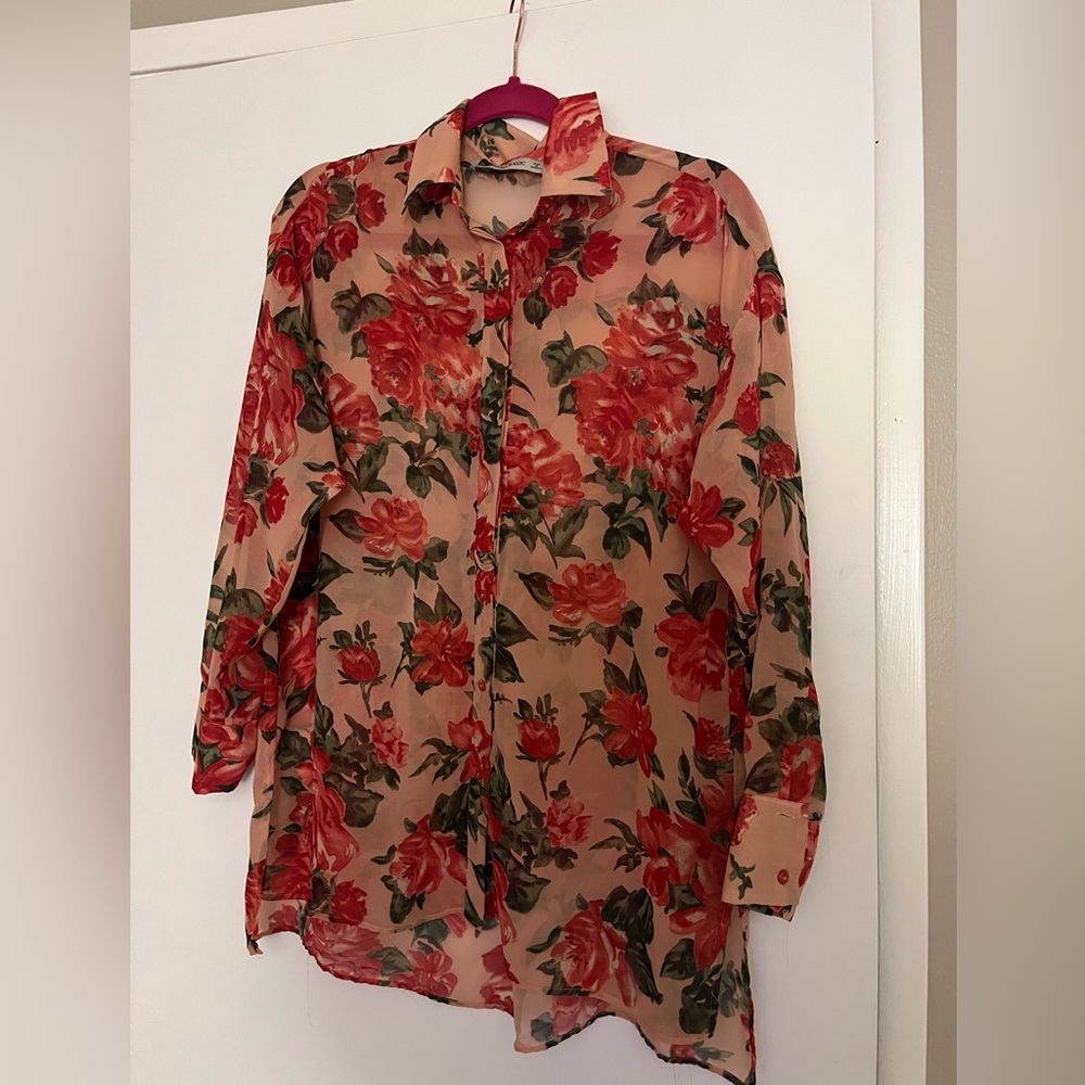 Zara Sheer Floral Button-Front Blouse Size Medium